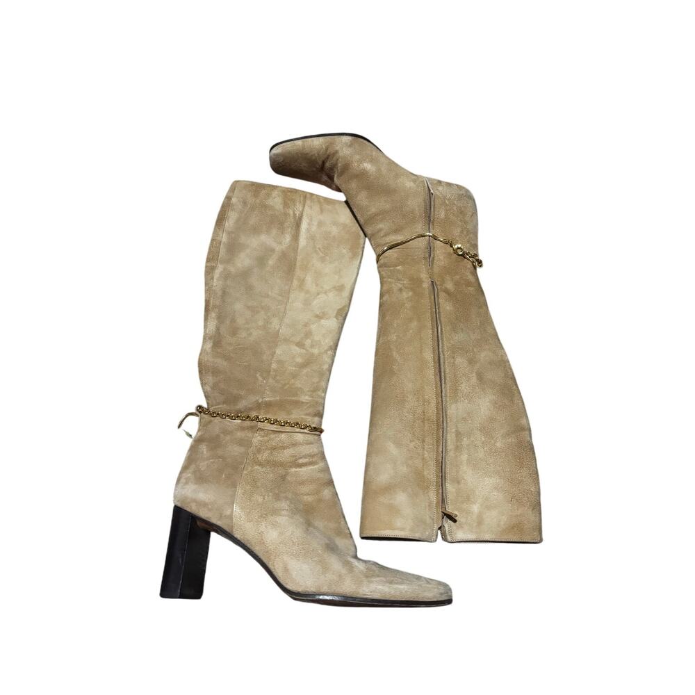 Anne Klein 8.5 tan suede side zip 3” heeled boot euc box stored
